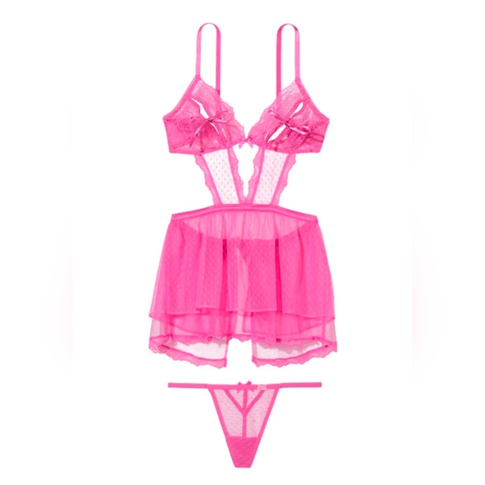 Victoria's Secret Lingerie Summer Pink Lace Babydoll 2-Piece XL NEW WITH TAGS